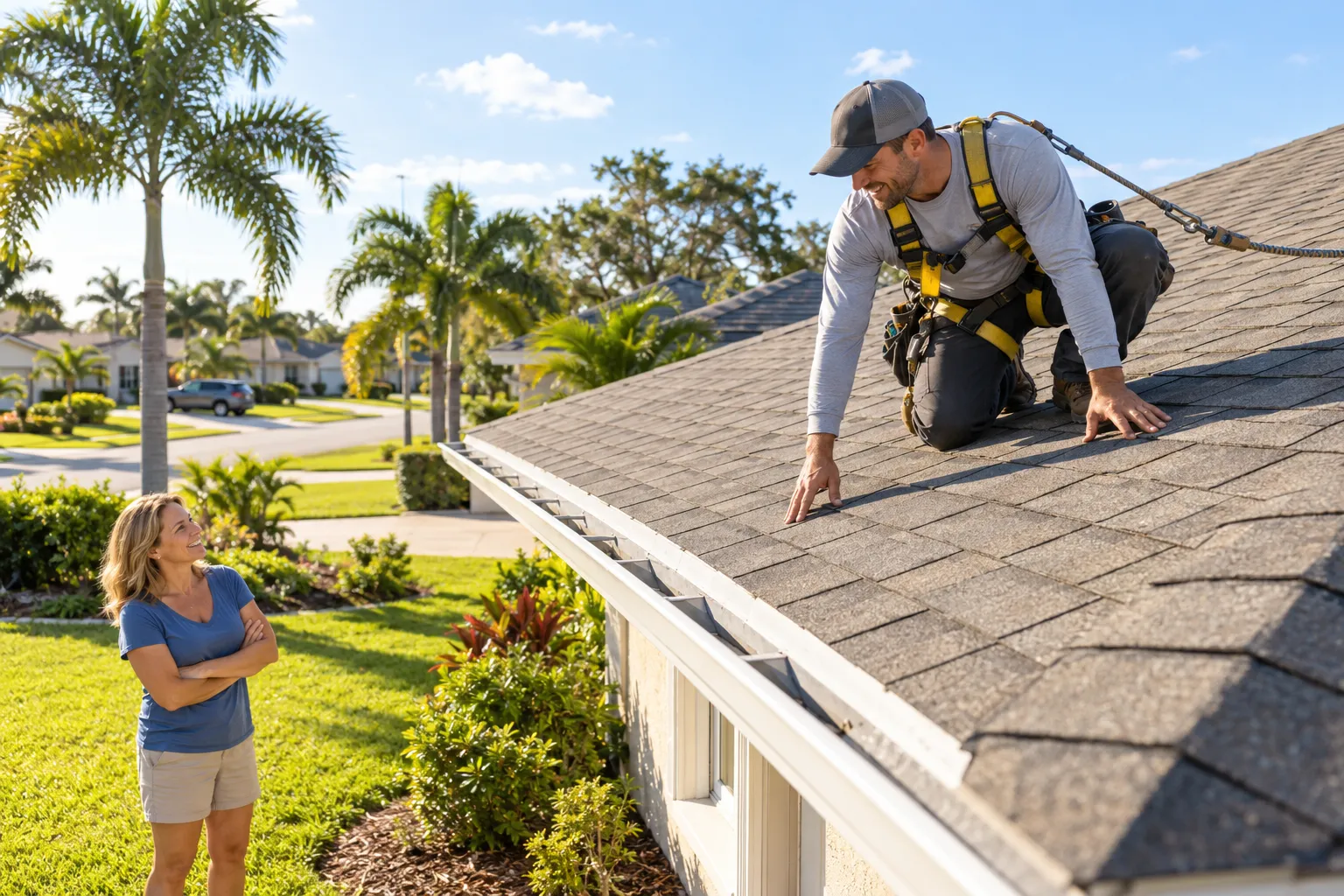 Independent roofing provider inspecting a shingle roof on a Fort Lauderdale home during a sunny morning
