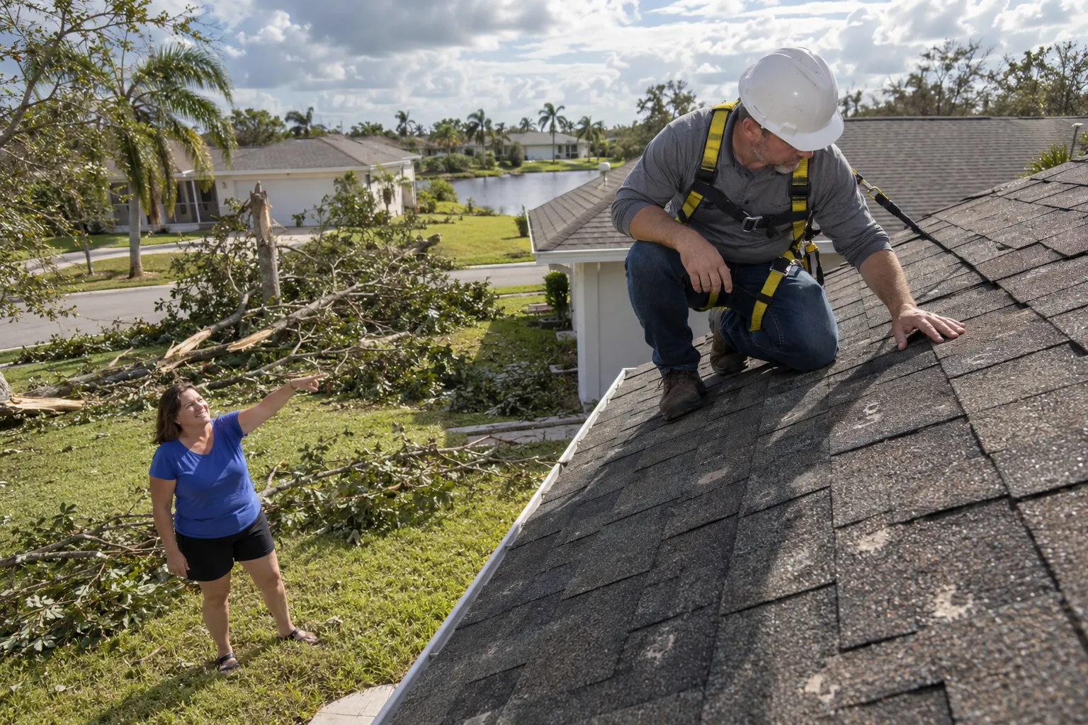 Roofing provider inspecting storm-damaged shingles on a home in the Fort Lauderdale area